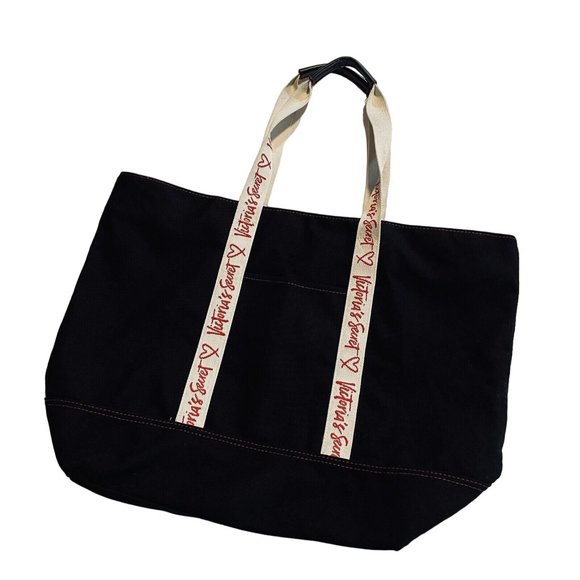VICTORIA'S SECRET Black With Red Logo Canvas Weekender Tote Bag zips closed - Picture 2 of 9